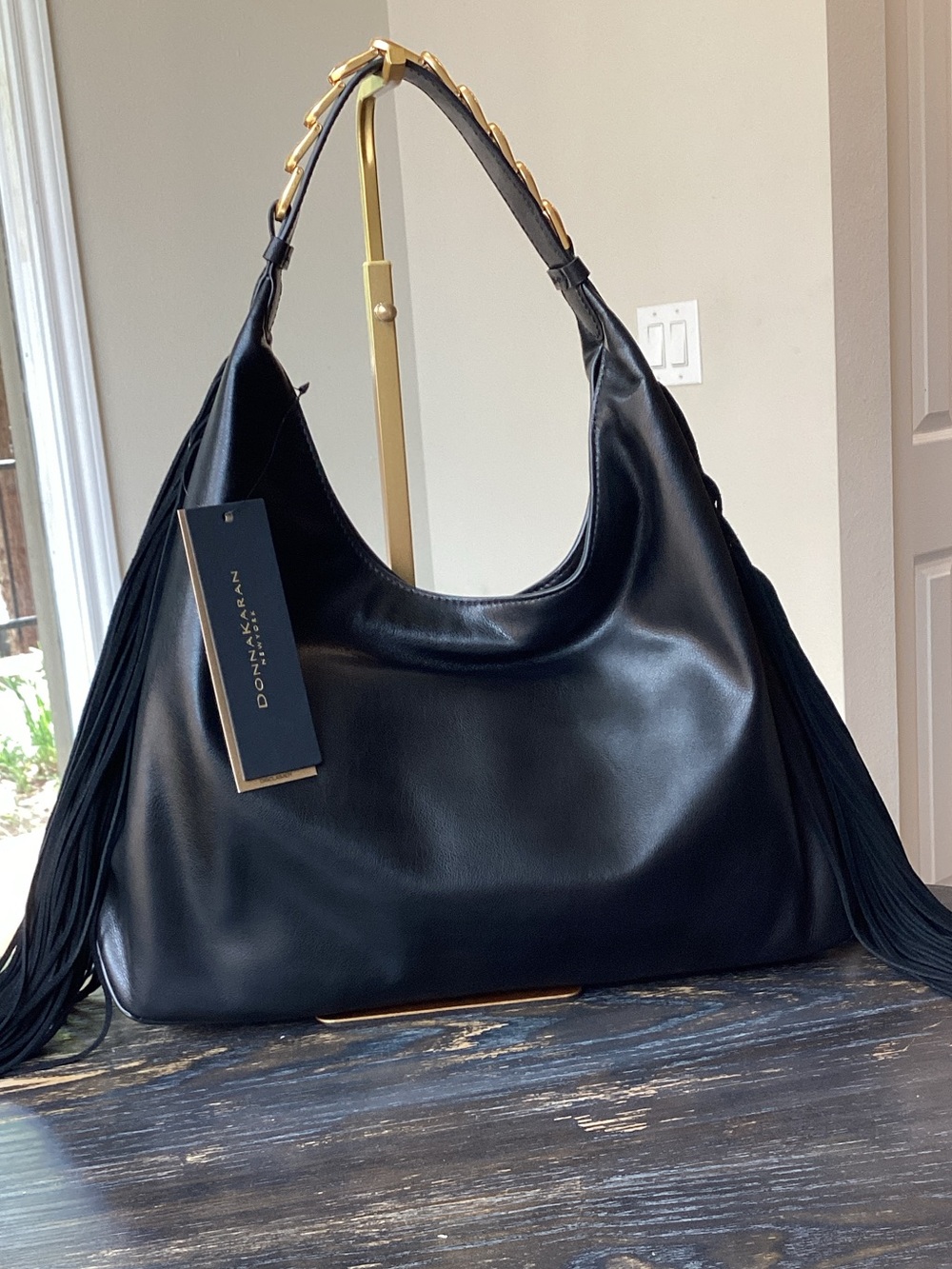 Donna Karan Belmore Black Shoulder Bag with Leather Fringe and Gold Hardware